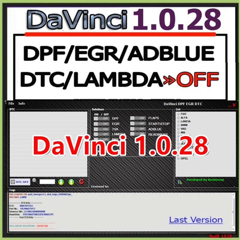 Newest Davinci 1.0.28 PRO DPF EGR FLAPS ADBLUE OFF ECU SOFTWARE CHIPTUNING REMAPPING DAVINCI REMAP